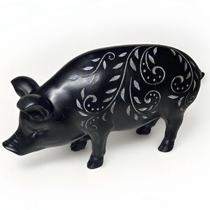 Cute Black Pig Figurine with Etched Vine and Leaf Details 11”